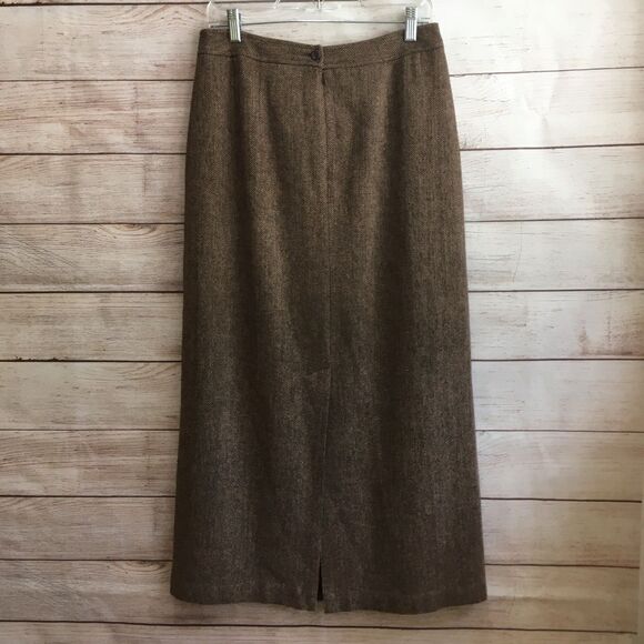 BENARD HOLTZMAN 100% WOOL HERRINGBONE MIDI SKIRT WITH‎ FRINGE HEM - Picture 2 of 6